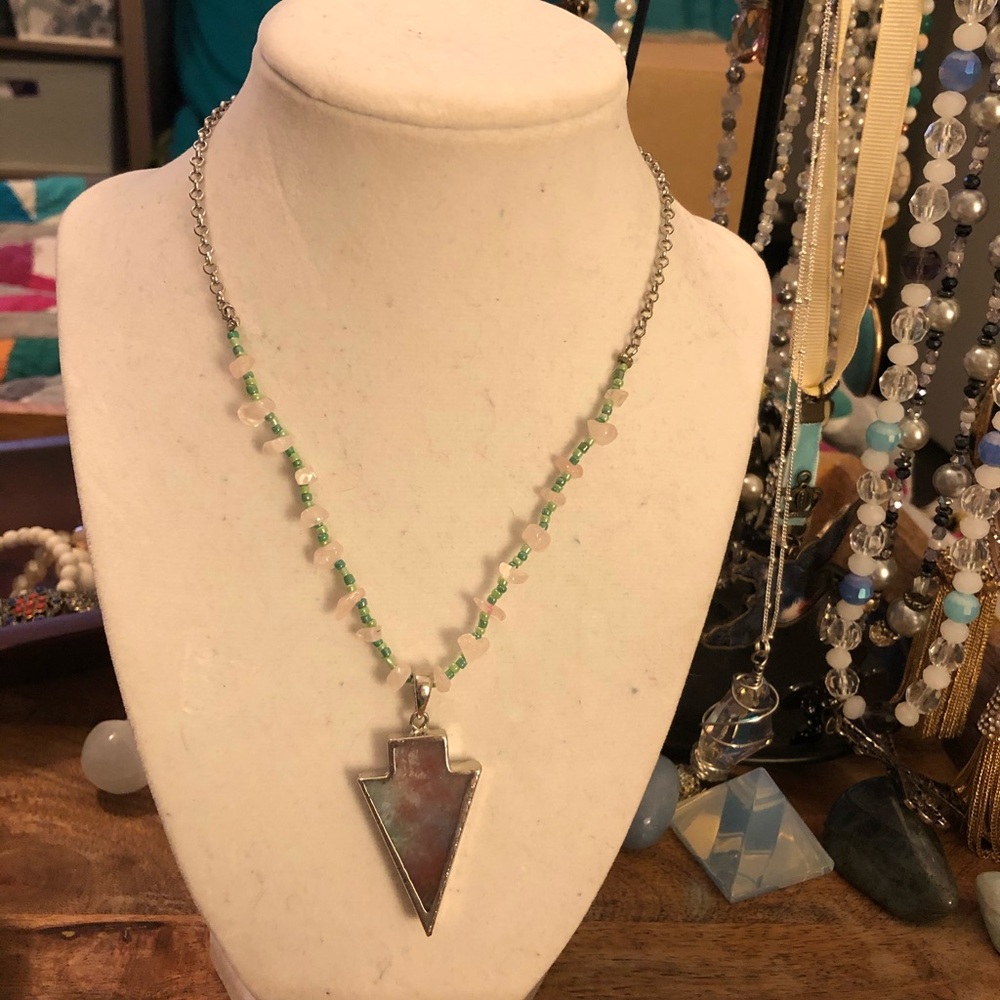 Silver Arrowhead With Green and Pink Necklace